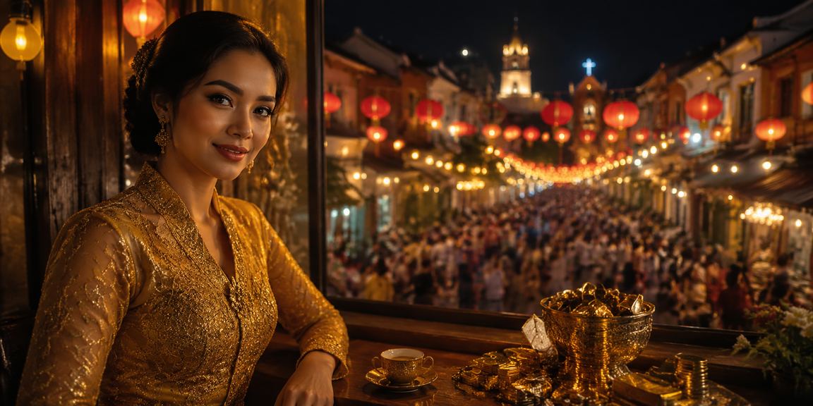 A user in a kebaya enjoying a baccarat casino game in Melaka with a traditional ambience